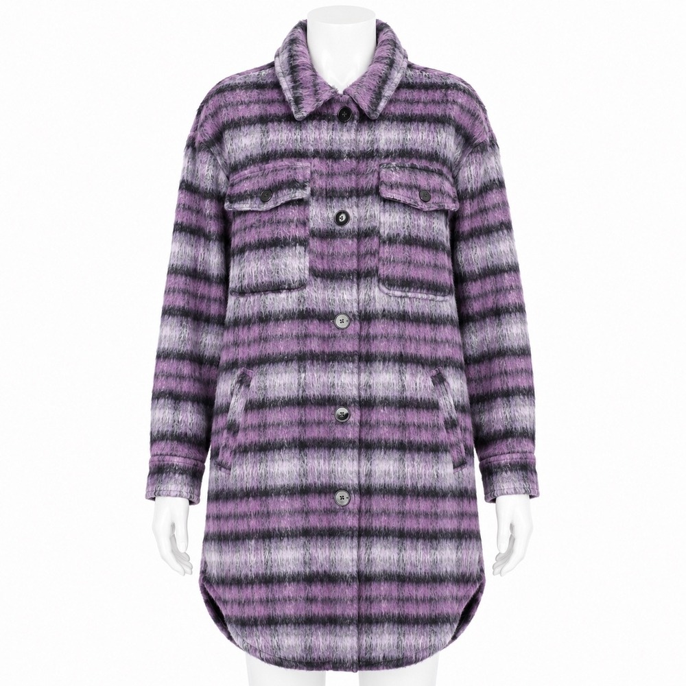 Forever 21 Plaid Shacket Womens Medium Purple Fuzzy Longline Button Front Jacket